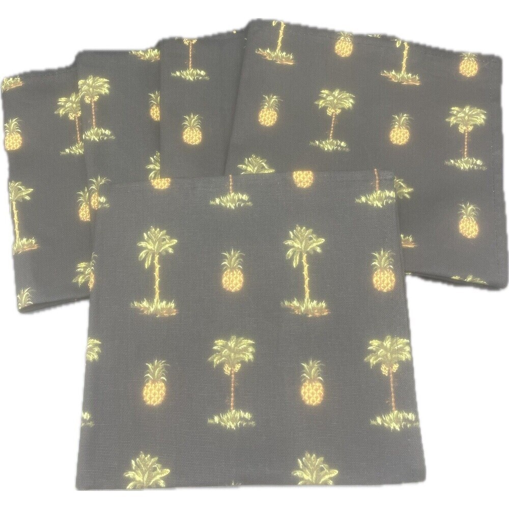 Waverly Aloha Black PINEAPPLE PALM TREES Cotton Cloth Napkins Firm Finish-5 EUC